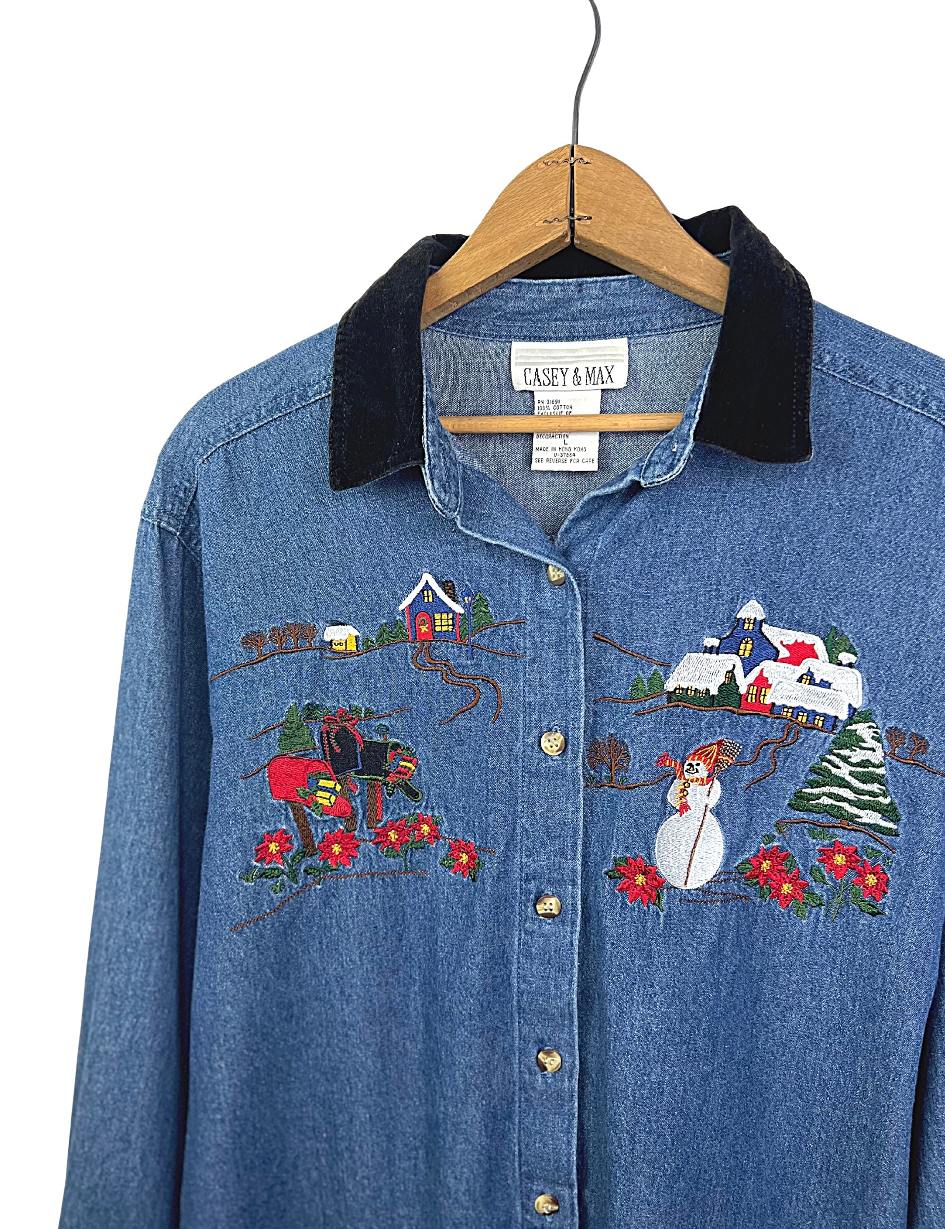 90s Velvet Collar Holiday Winter Wonderland Denim Top By Casey & Max - Image 3