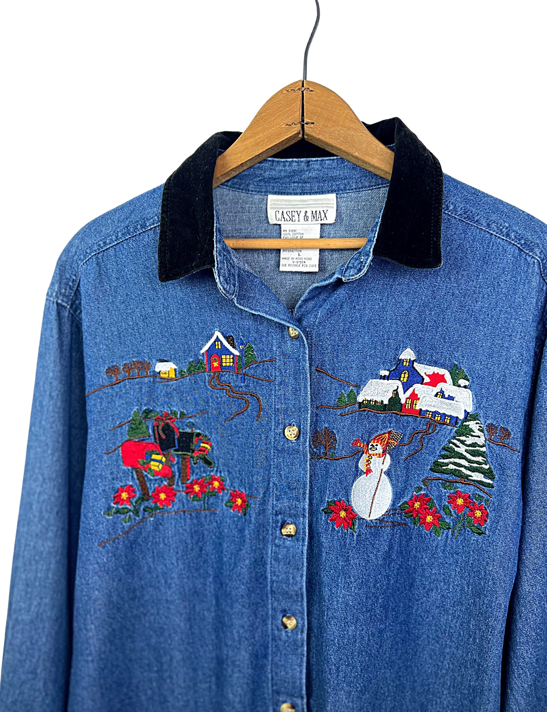 90s Velvet Collar Holiday Winter Wonderland Denim Top By Casey & Max - Image 4