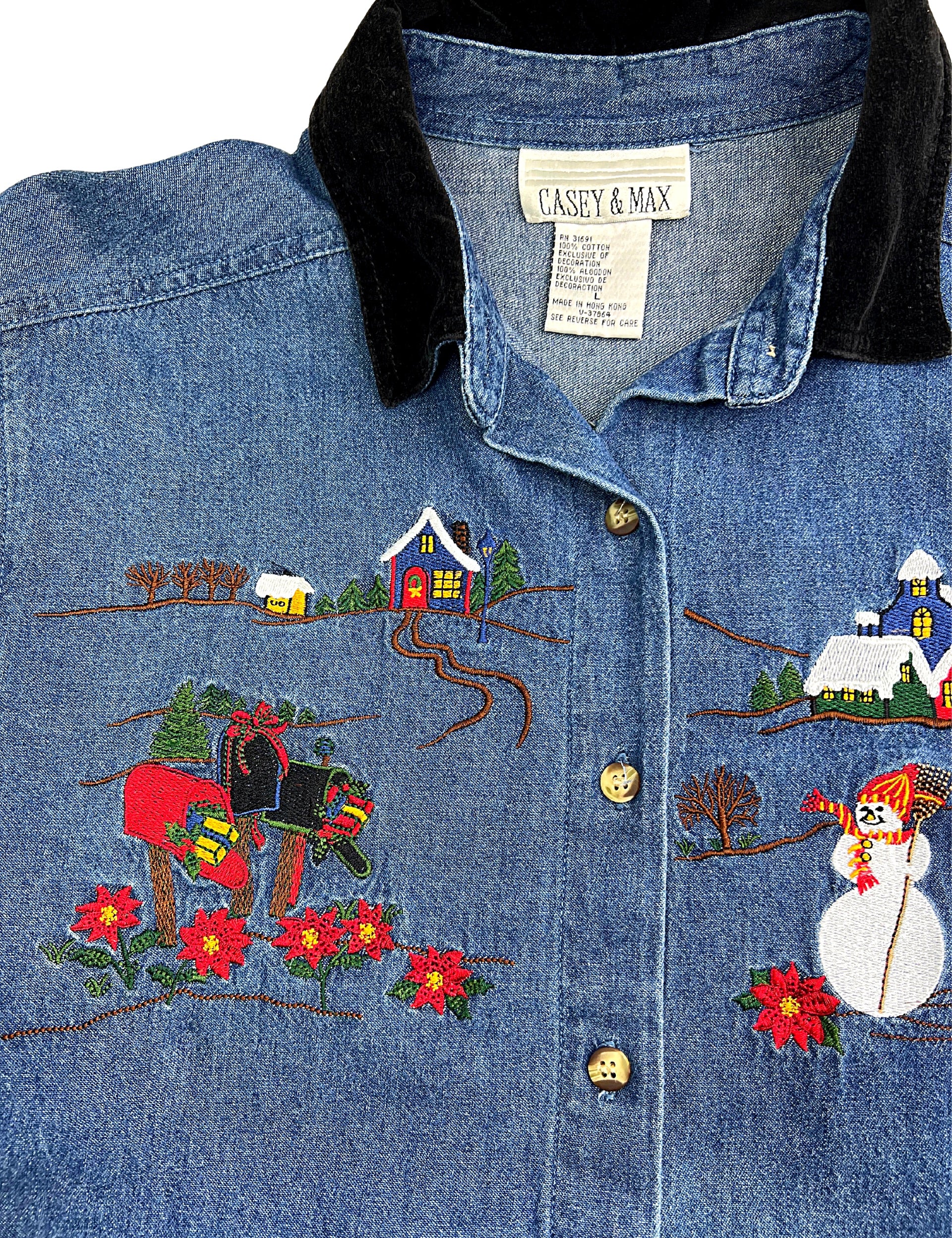 90s Velvet Collar Holiday Winter Wonderland Denim Top By Casey & Max - Image 6
