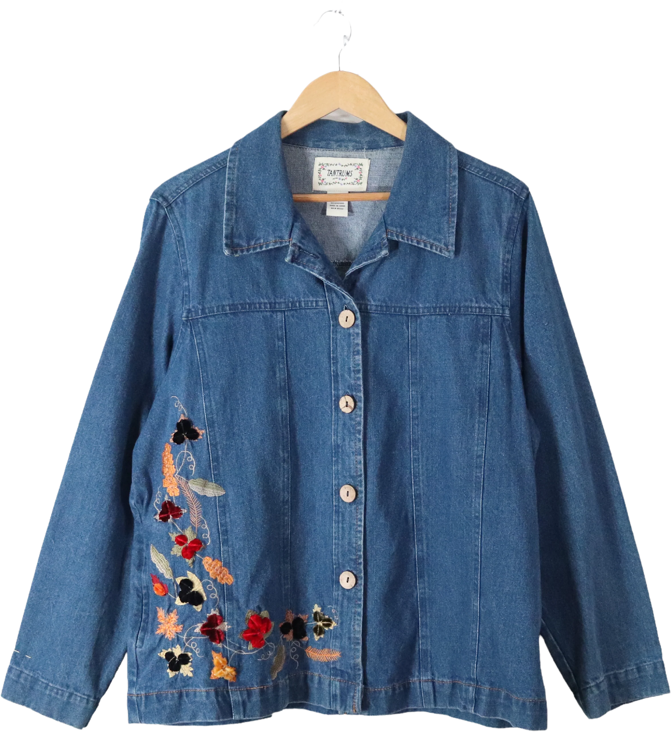 90s Velvet Floral Appliqué Denim Shirt Jacket By Tantrums