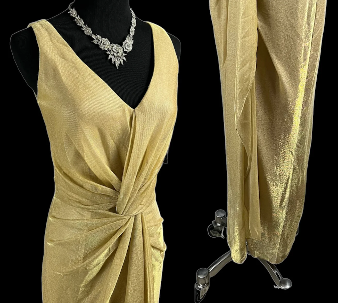 90s Vintage 90s Gold Metallic Beige Evening Gown Dress By Onyx Nite - Image 6