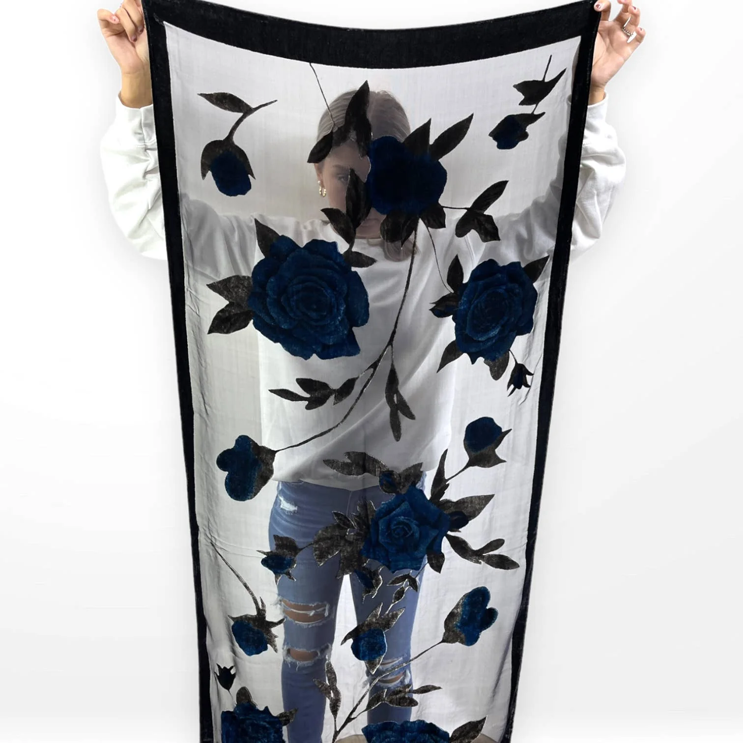 90s Vintage Black and Blue Sheer Rose Floral Print Scarf - Image 2