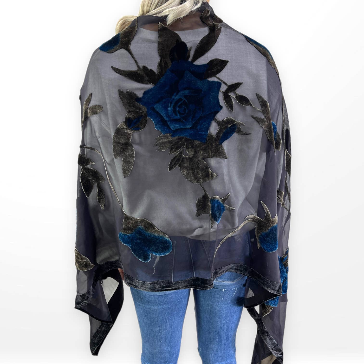 90s Vintage Black and Blue Sheer Rose Floral Print Scarf - Image 4