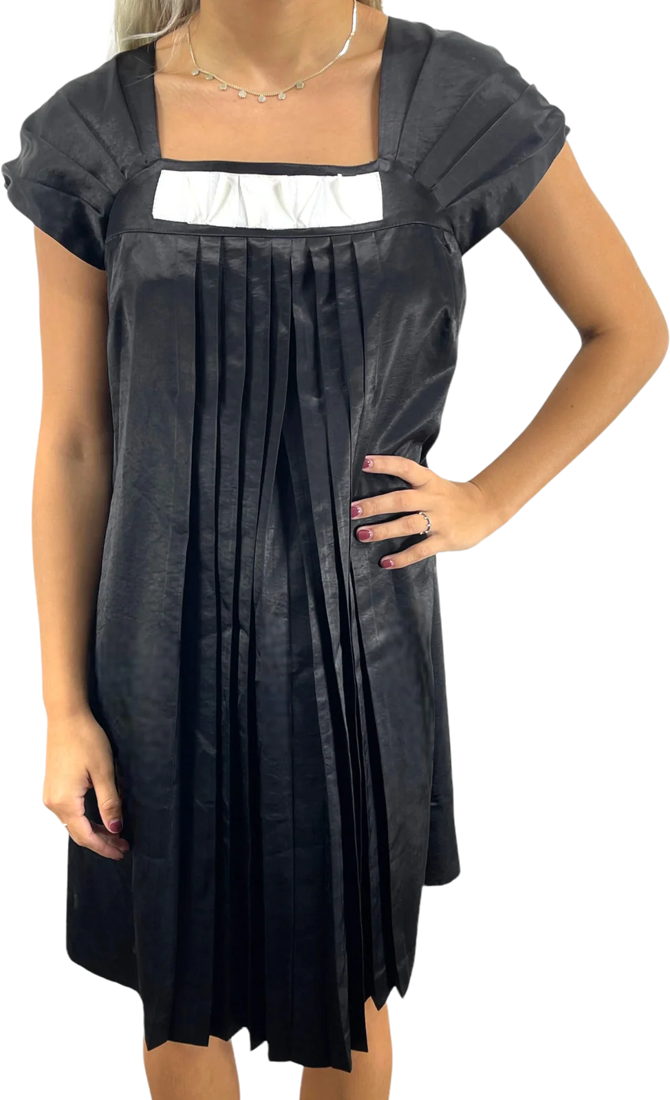 90s Vintage Black Cap Sleeve Pleated Mini Baby Doll Dress by Serena Kay