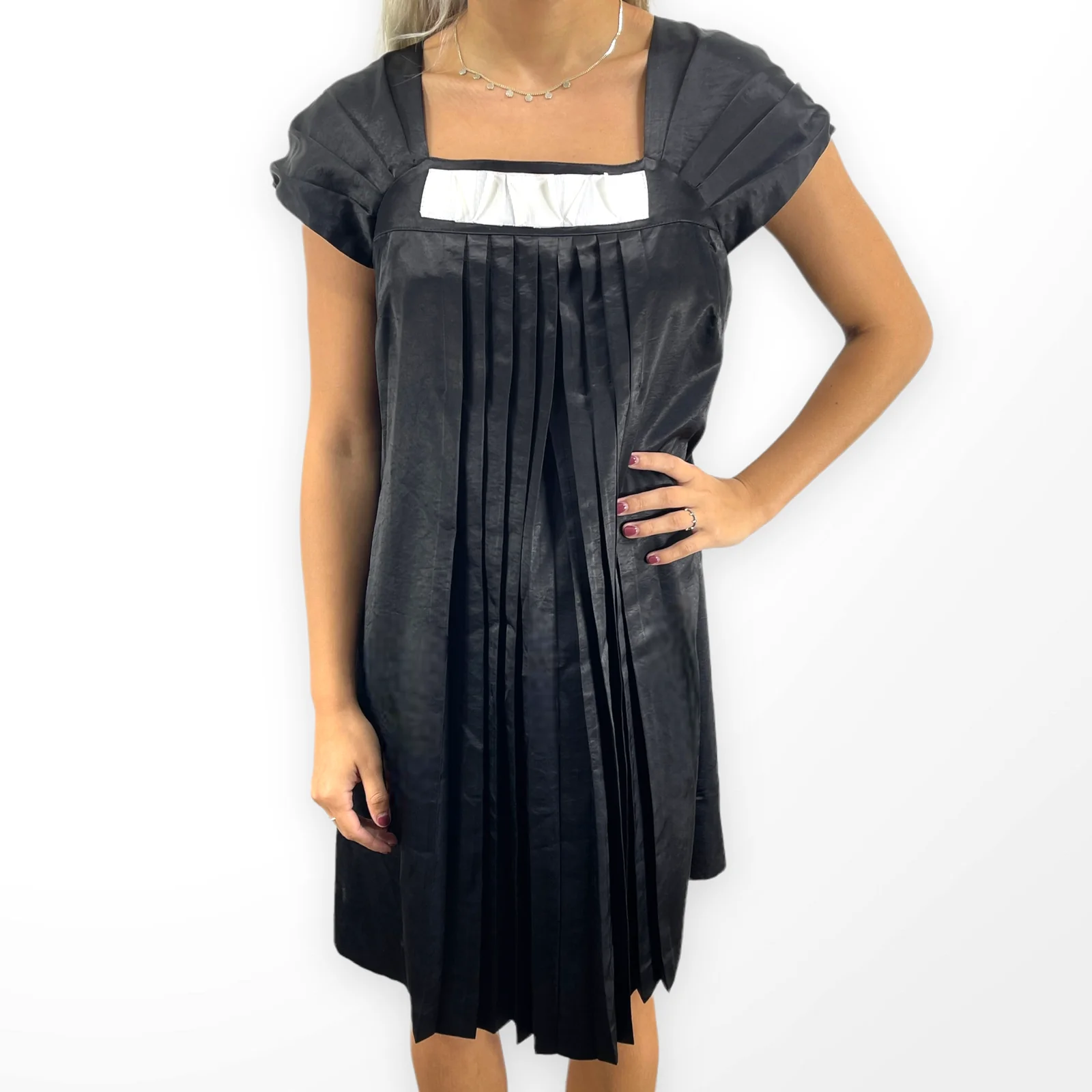 90s Vintage Black Cap Sleeve Pleated Mini Baby Doll Dress by Serena Kay - Image 8