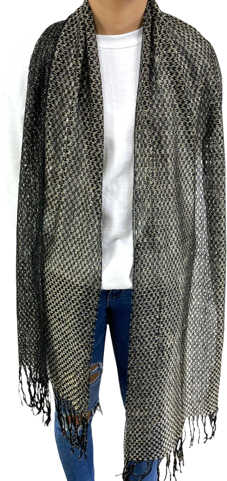 90s Vintage Black Gold Metallic Wool Loose Knit Scarf by Geoffrey Beene