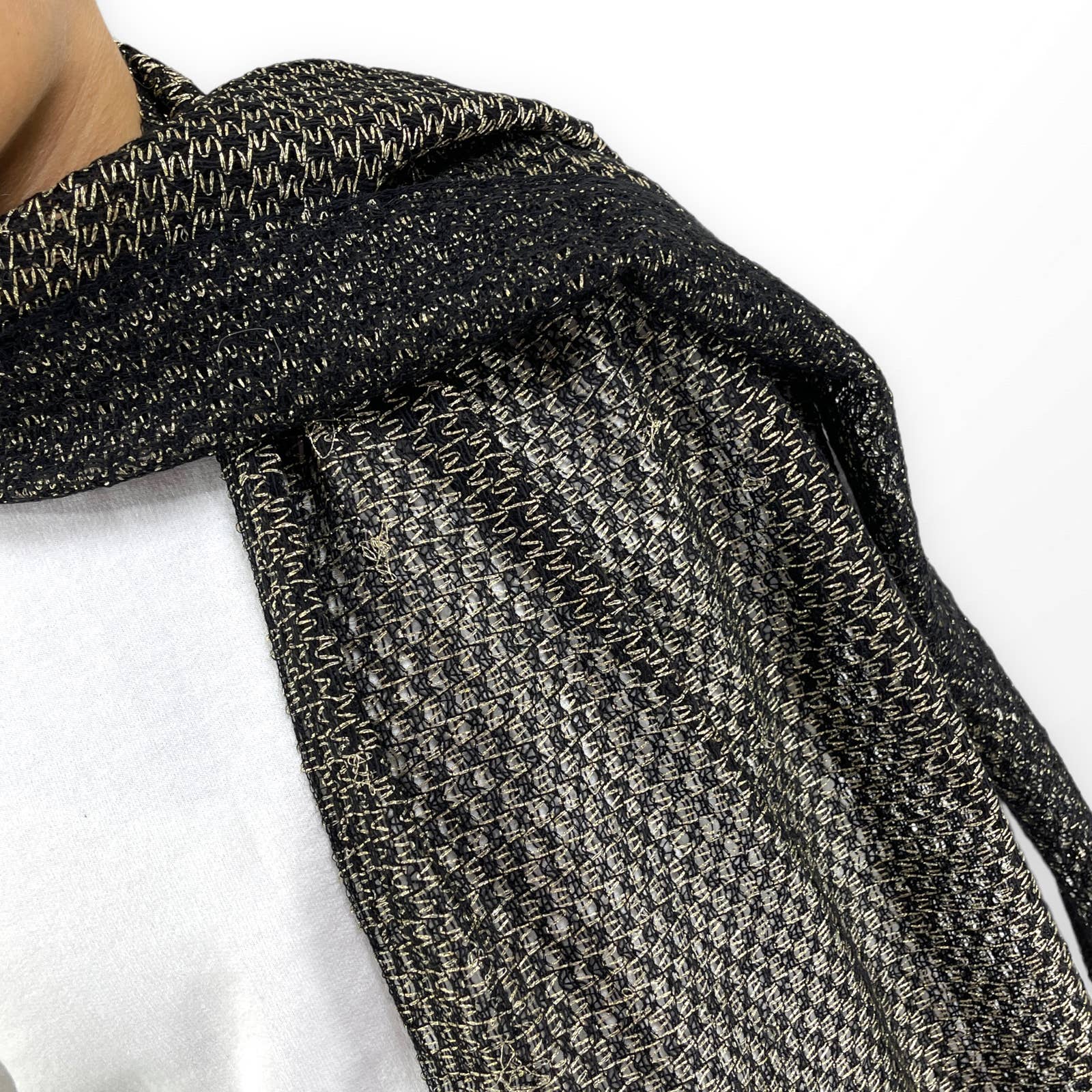 90s Vintage Black Gold Metallic Wool Loose Knit Scarf by Geoffrey Beene - Image 3