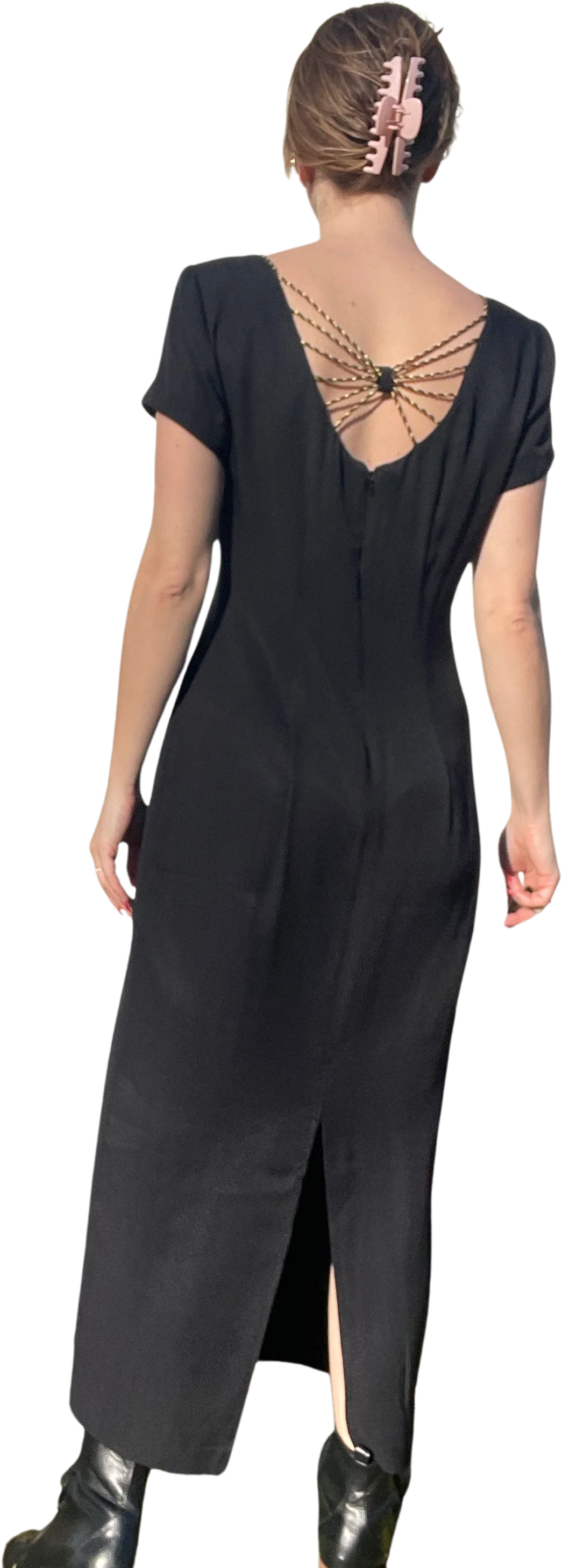 90s Vintage Black Maxi Dress With Gold Rope Detailing By Sheri Martin - Image 2