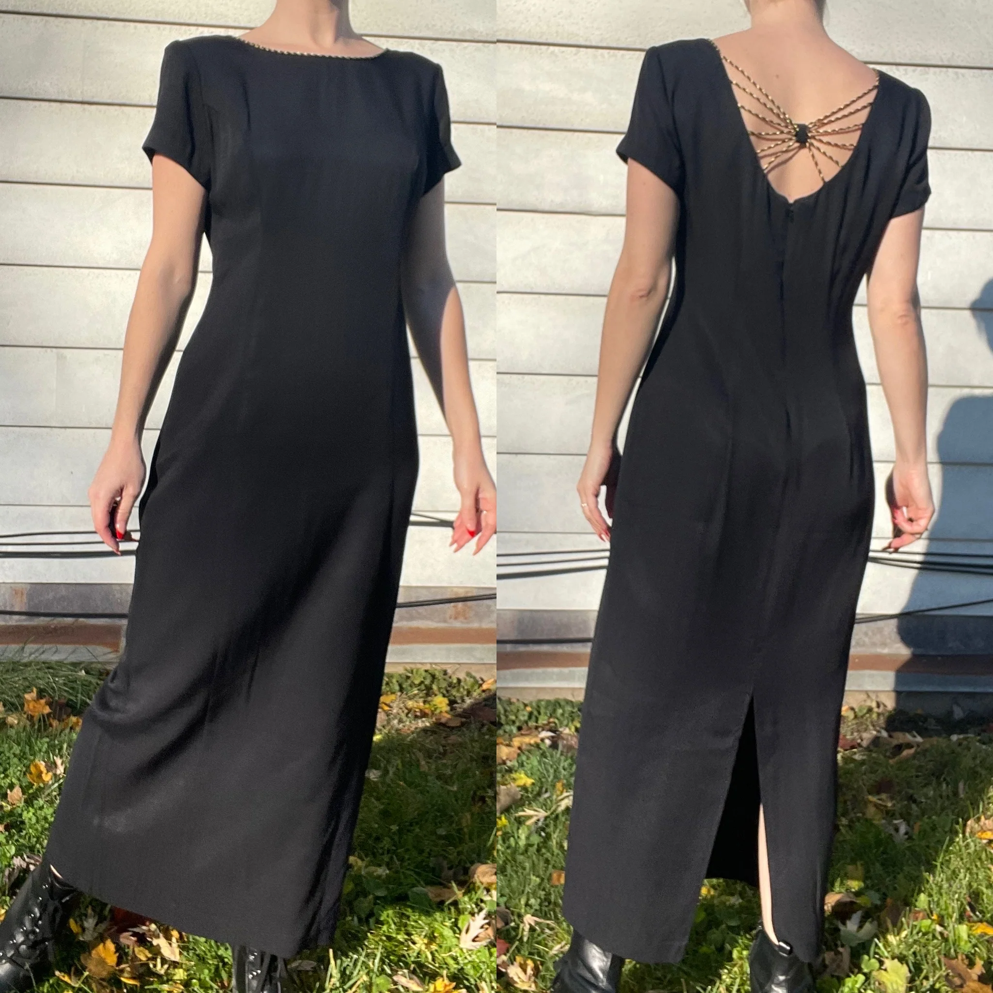 90s Vintage Black Maxi Dress With Gold Rope Detailing By Sheri Martin - Image 3