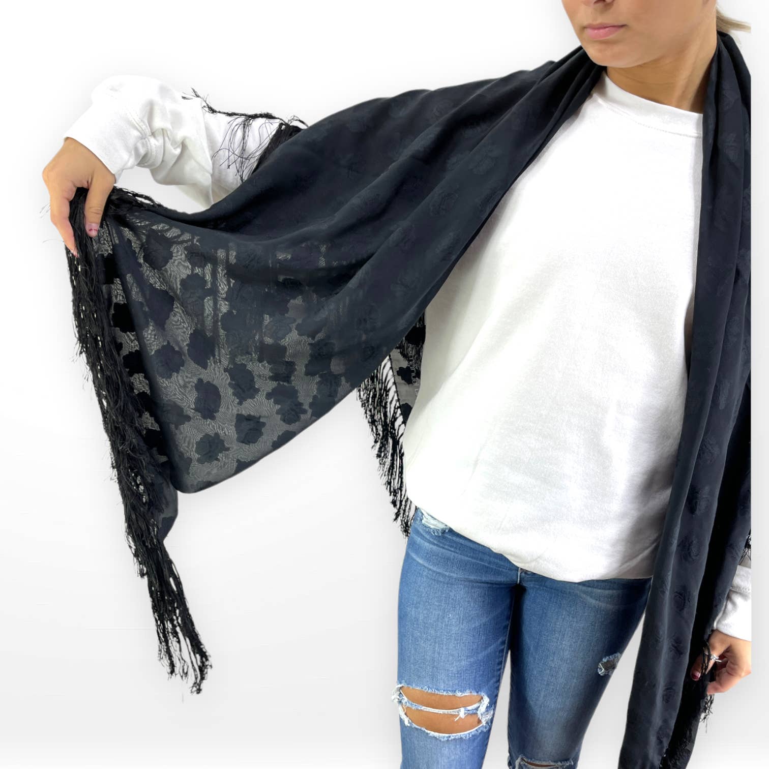 90s Vintage Black Silk Sheer Fringe Blanket Scarf by Emanuel Ungaro - Image 3