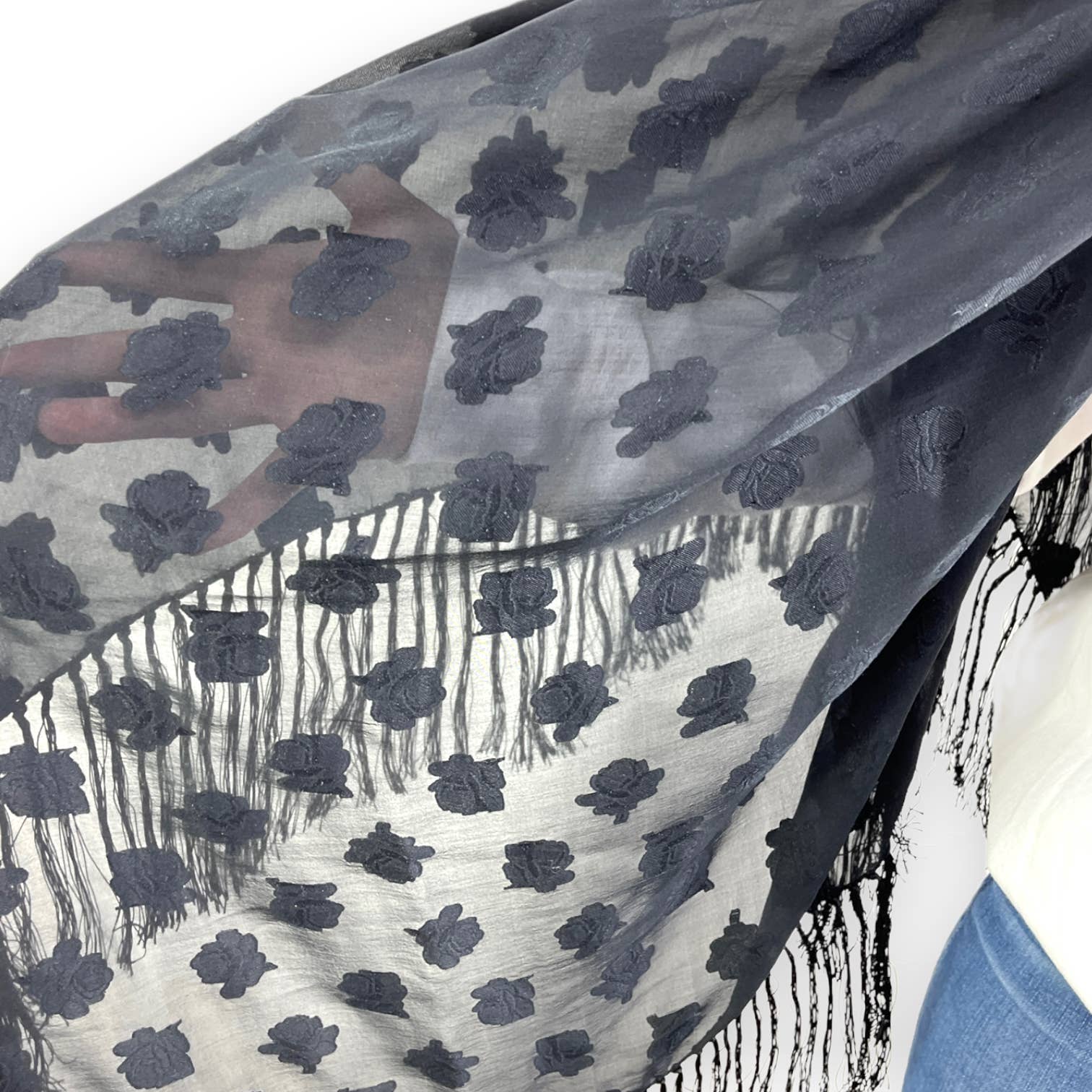 90s Vintage Black Silk Sheer Fringe Blanket Scarf by Emanuel Ungaro - Image 4