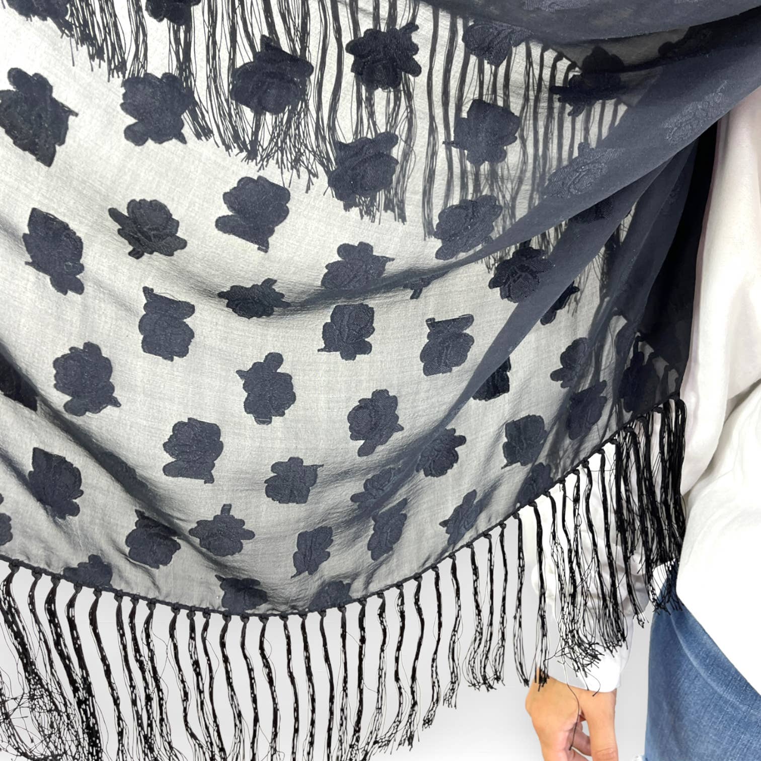 90s Vintage Black Silk Sheer Fringe Blanket Scarf by Emanuel Ungaro - Image 5