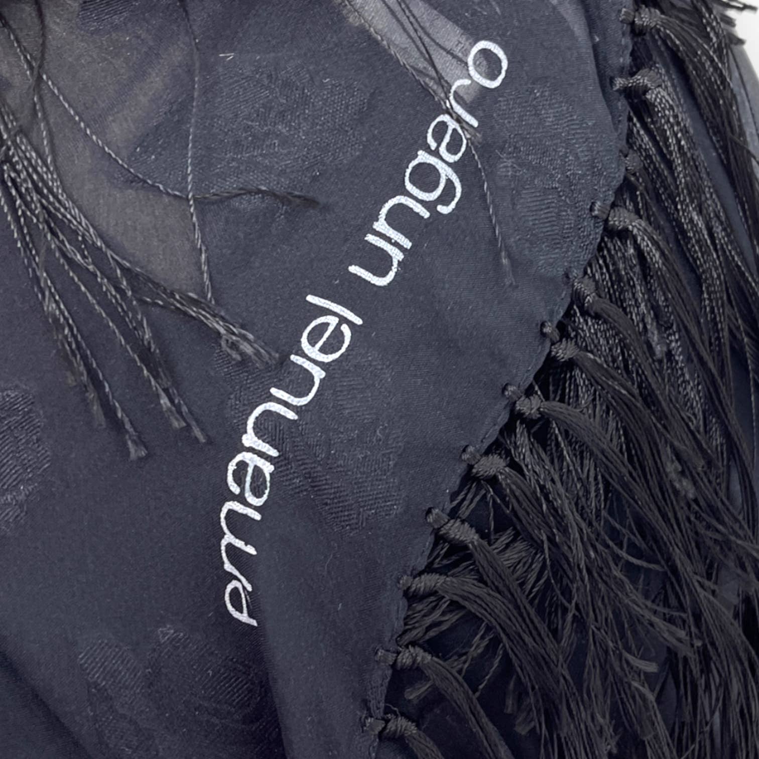 90s Vintage Black Silk Sheer Fringe Blanket Scarf by Emanuel Ungaro - Image 9