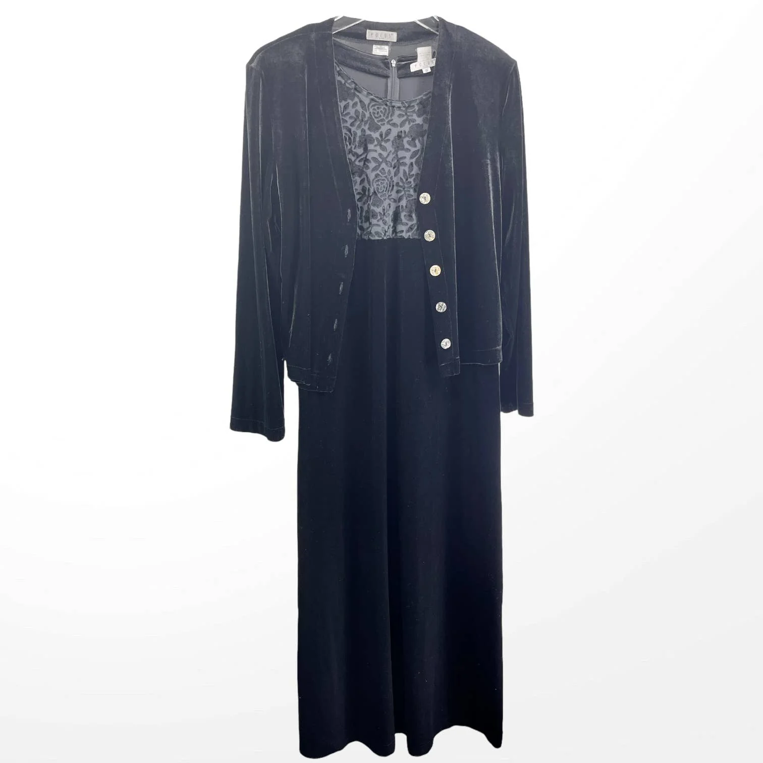 90s Vintage Black Velvet Jacket Dress Set with Shoulder Pads by Focus - Image 14