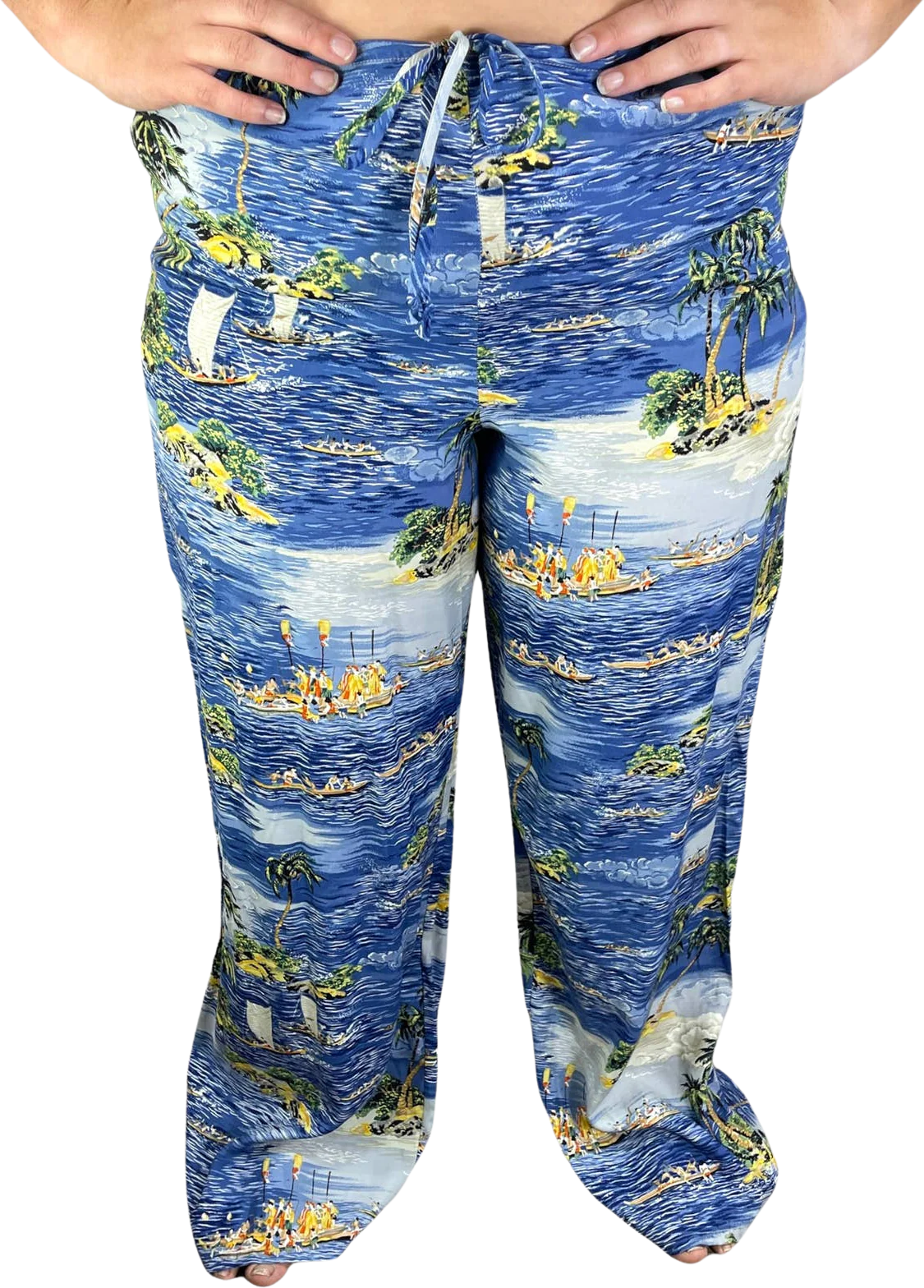 90s Vintage Blue Scenic Water Print Casual Pants by Moda International