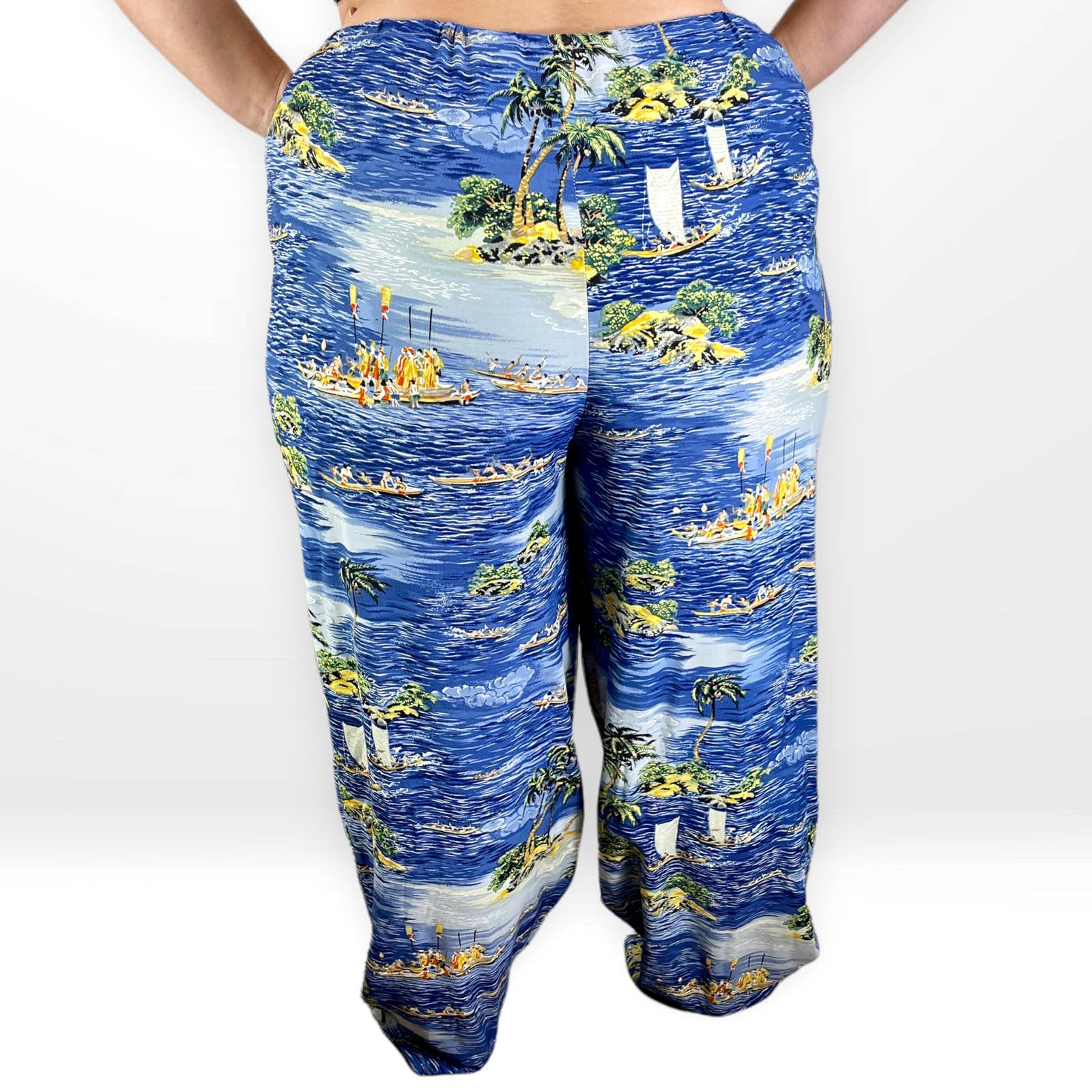 90s Vintage Blue Scenic Water Print Casual Pants by Moda International - Image 4