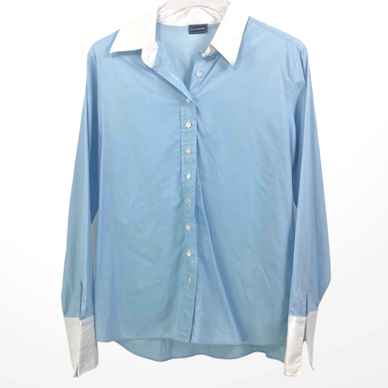 90s Vintage Blue White Collared Button Front Long Sleeve Dress Shirt by A Thorne - Image 8