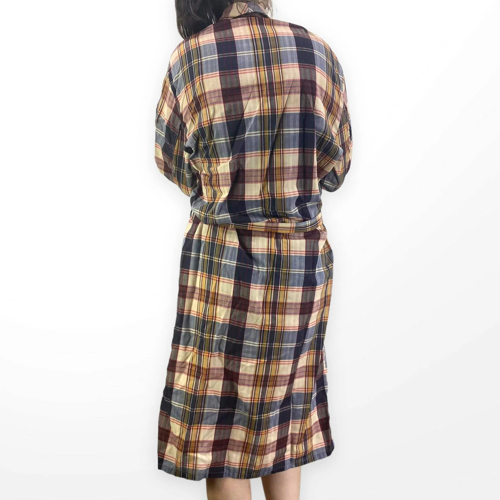 90s Vintage Brown Plaid Collared Tie Waist Robe by Crescent Robes - Image 2