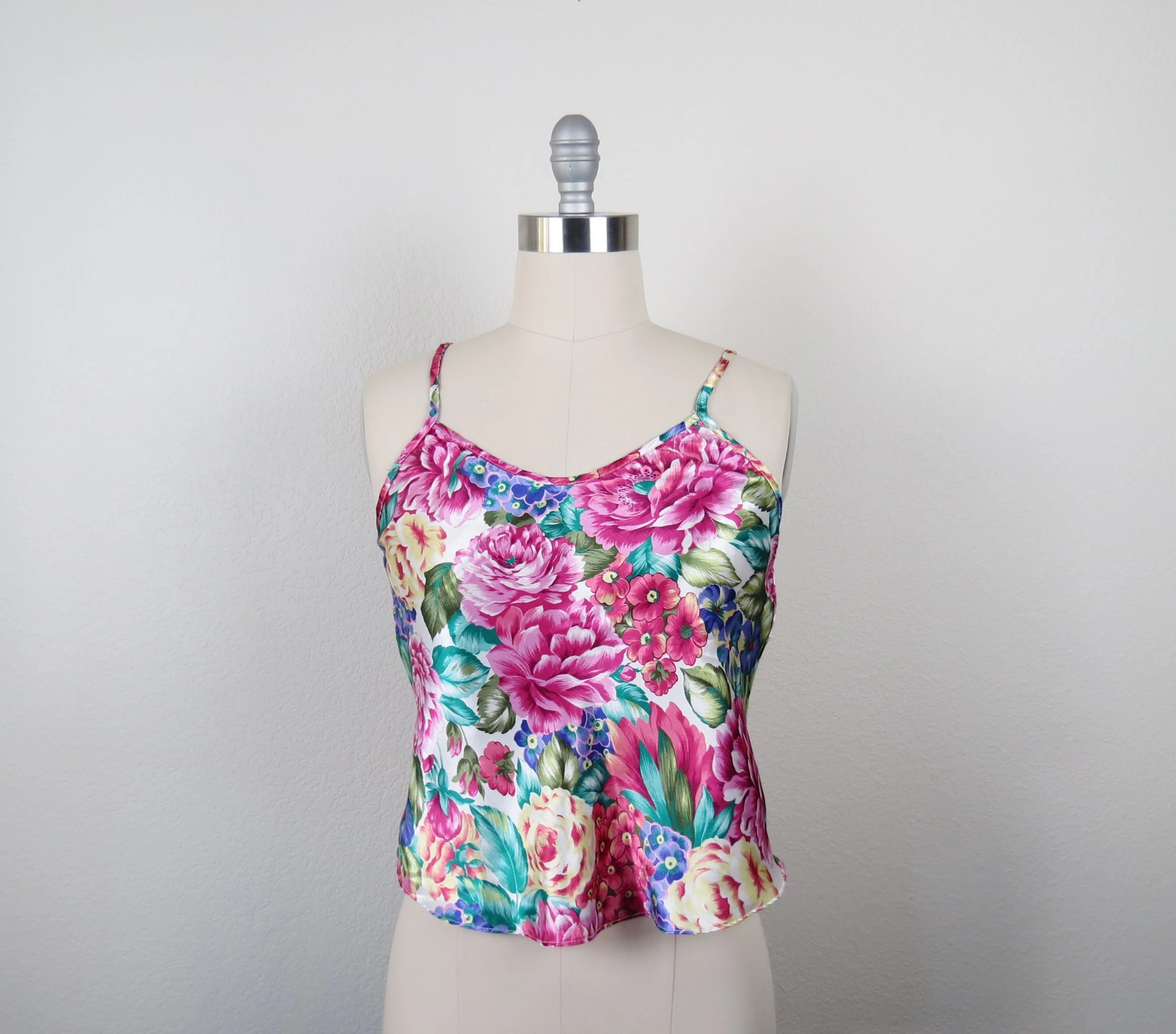 90s Vintage Cami Floral Camisole Slip Satin Medium - Image 3