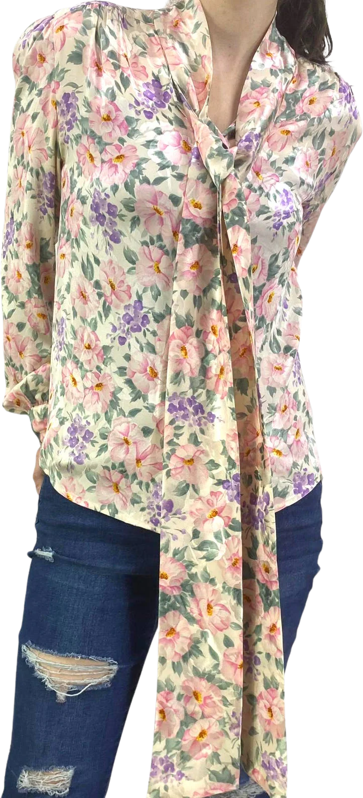 90s Vintage Cream Pink Floral Silk Bow Neck Blouse by Albert Paul