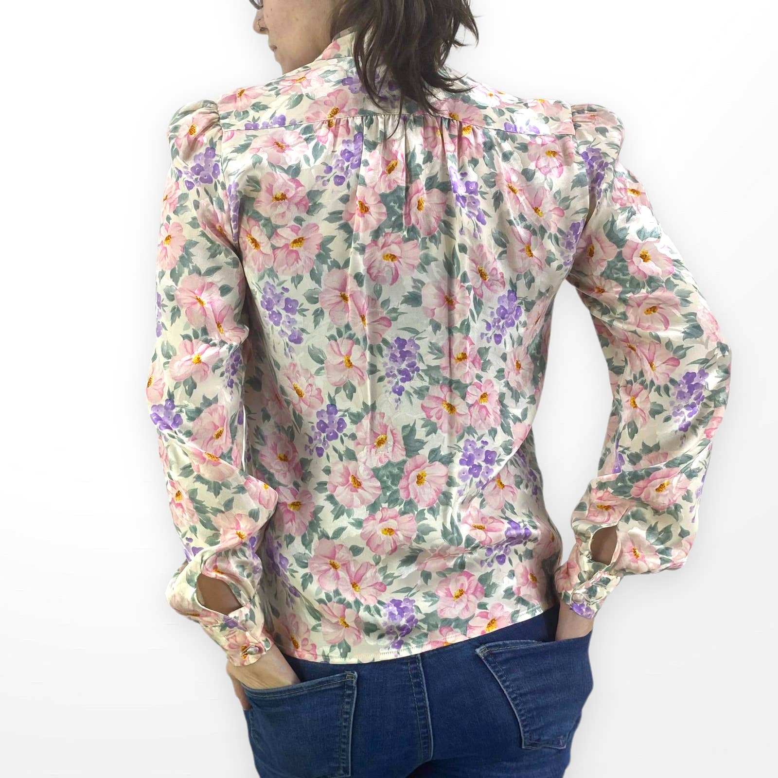 90s Vintage Cream Pink Floral Silk Bow Neck Blouse by Albert Paul - Image 2