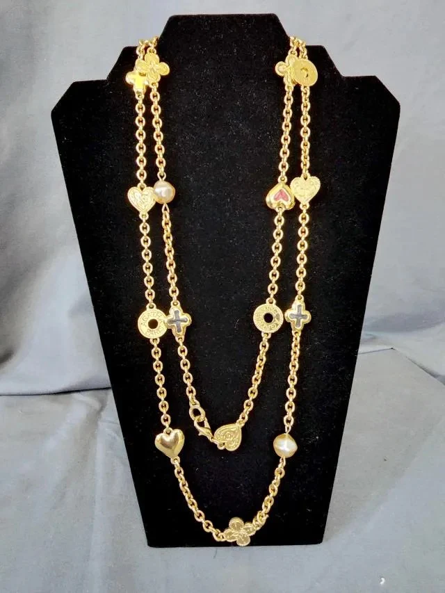 90s Vintage Gold Tone Chain Long Heart Pearl Necklace By Agatha Paris - Image 6