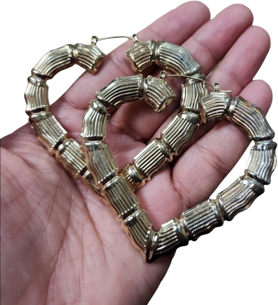90s Vintage Gold Toned Bamboo Heart Hoop Earrings