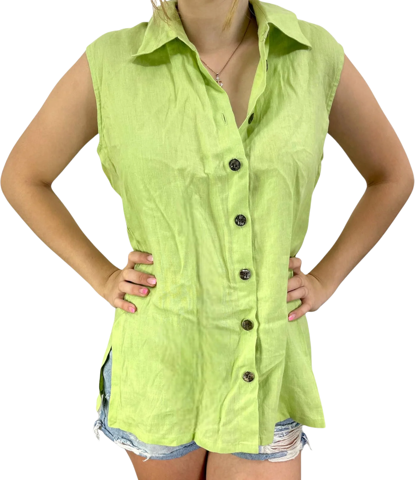 90s Vintage Green Linen Sleeveless Collared Button Up by Country Road