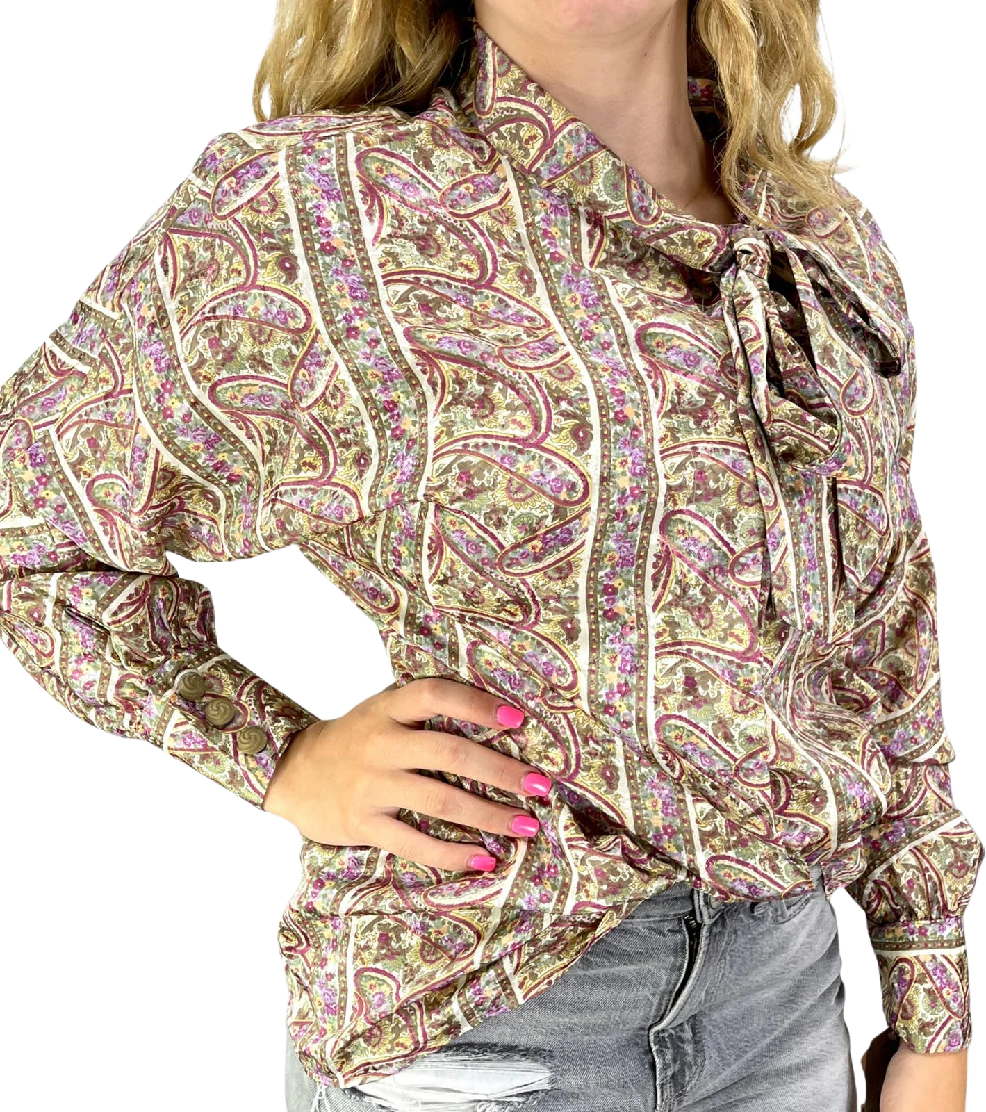 90s Vintage Green Purple Paisley Bow Neck Blouse by Brownstone Studio