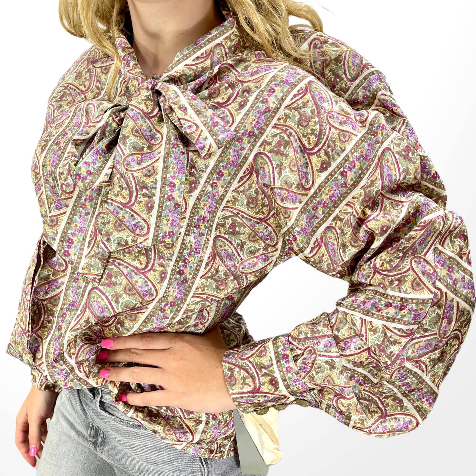 90s Vintage Green Purple Paisley Bow Neck Blouse by Brownstone Studio - Image 3