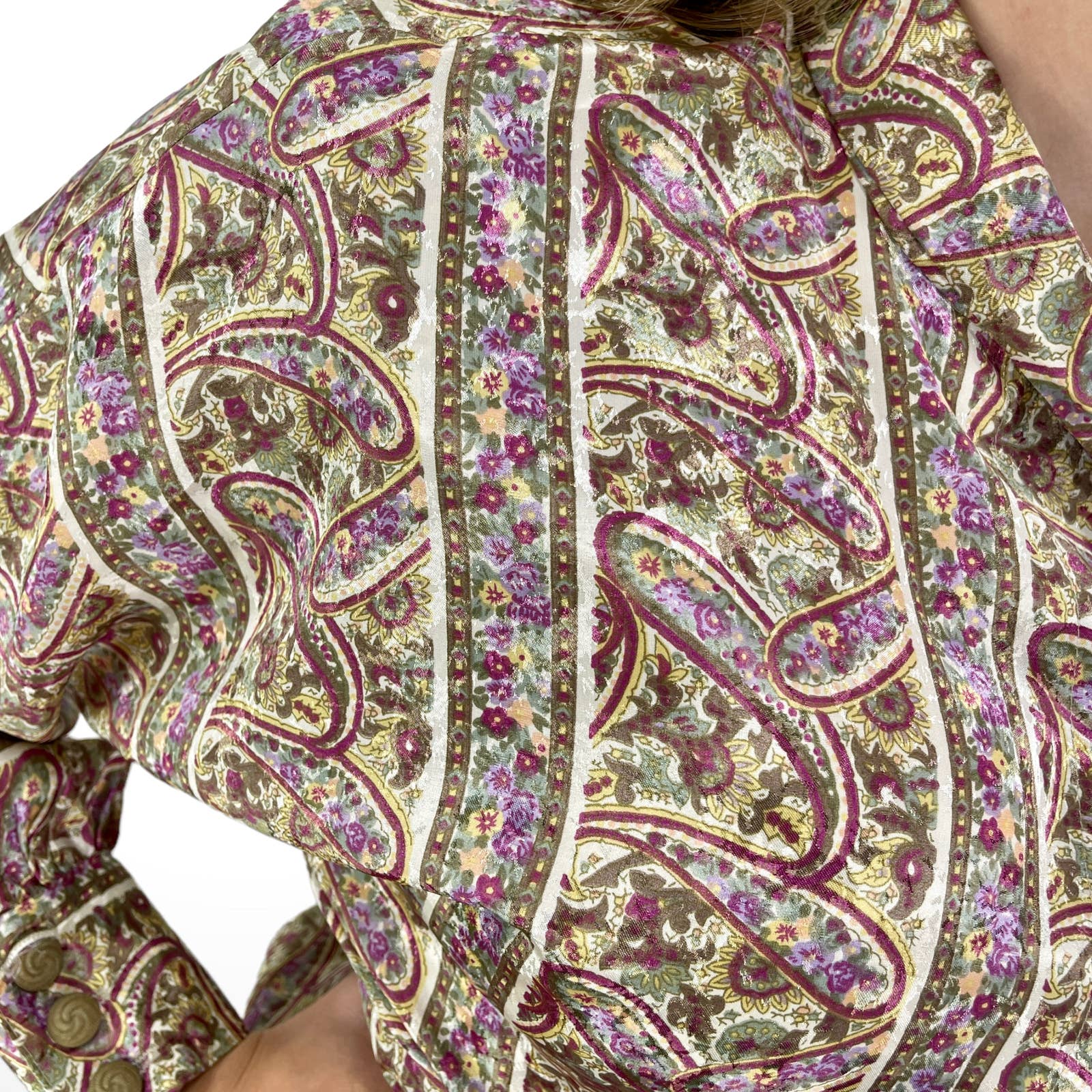 90s Vintage Green Purple Paisley Bow Neck Blouse by Brownstone Studio - Image 9