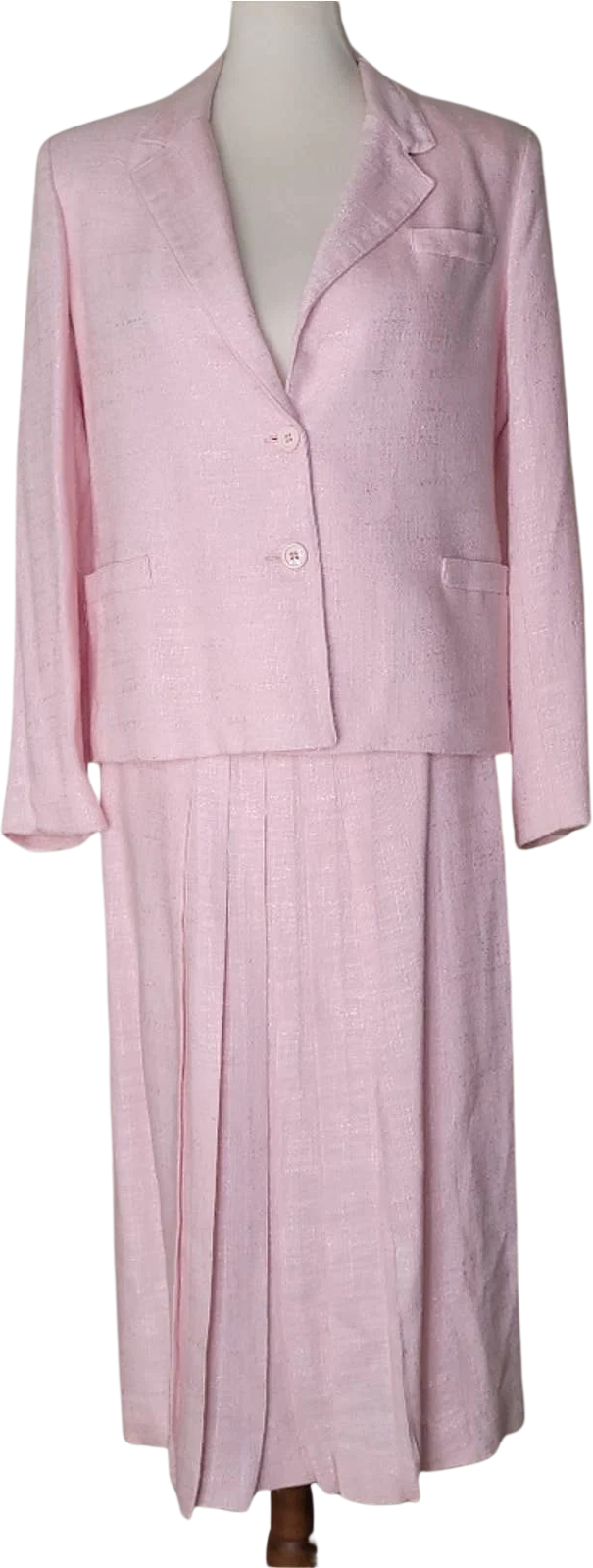 90s Vintage Light Pink Textured Pleated A-Line Jacket and Skirt Set - Size Small