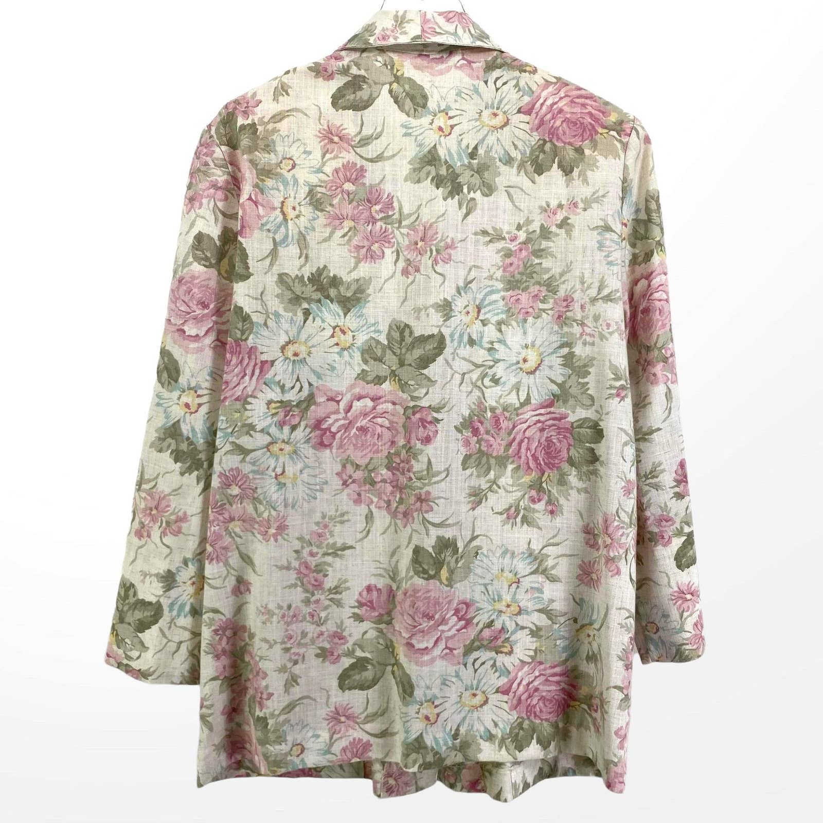 90s Vintage Linen Floral Large Collar Blazer Jacket by Sag Harbor - Image 2