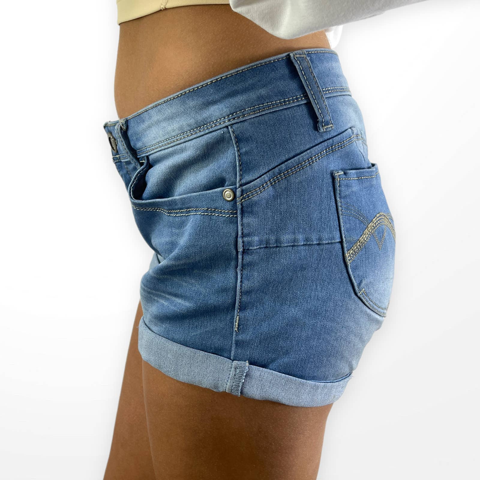 90s Vintage Mid Wash High Rise Rolled Hem Shorts by Hot Kiss - Image 3