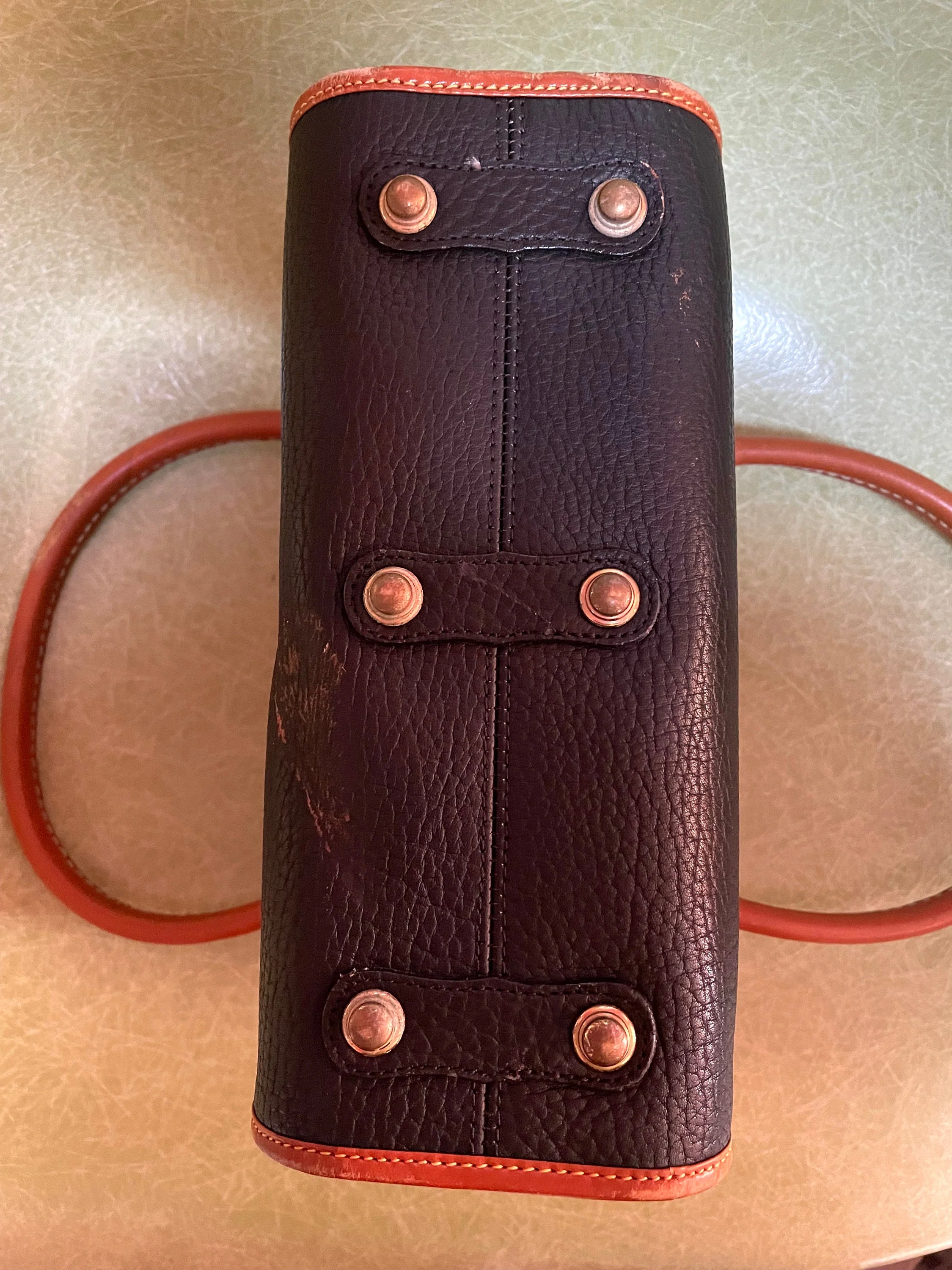 90s Vintage Navy and Tan Pebbled Leather Small Satchel (as Is) - Image 6