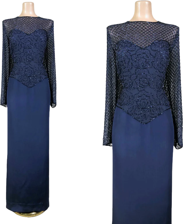 90s Vintage Navy Blue Silk Beaded Evening Gown By Alyce Designs