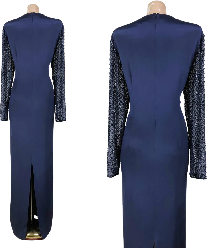 90s Vintage Navy Blue Silk Beaded Evening Gown By Alyce Designs - Image 2