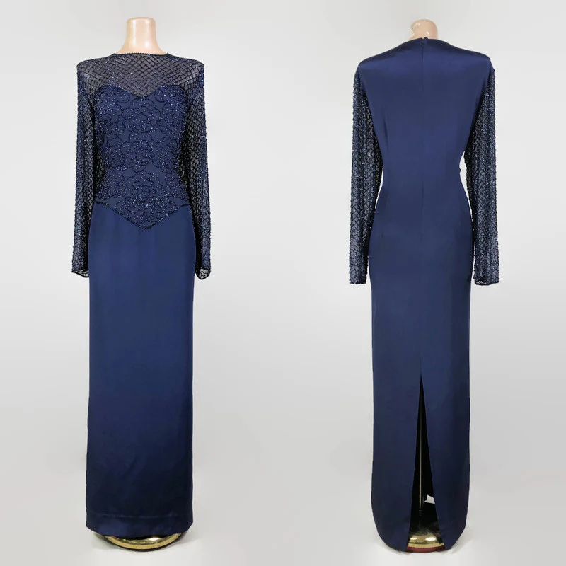 90s Vintage Navy Blue Silk Beaded Evening Gown By Alyce Designs - Image 3