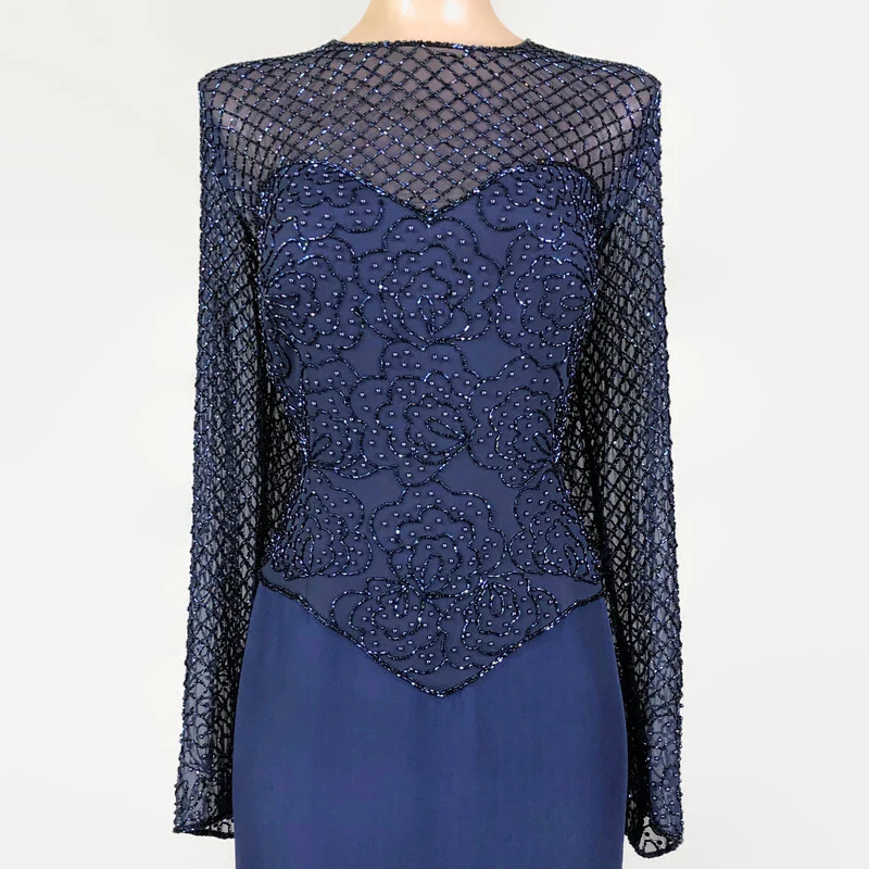 90s Vintage Navy Blue Silk Beaded Evening Gown By Alyce Designs - Image 4