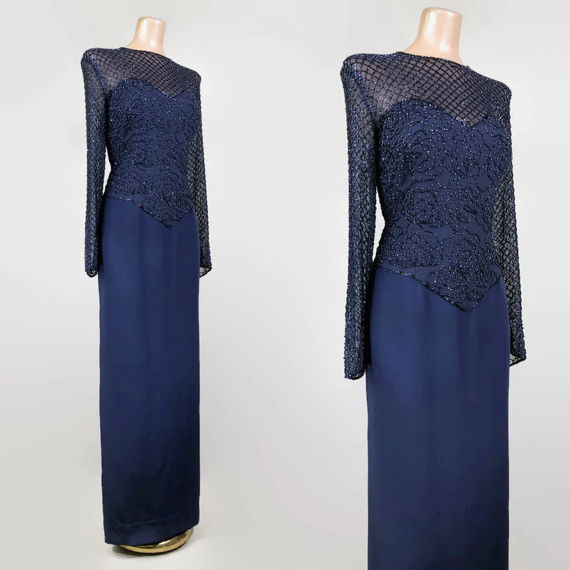 90s Vintage Navy Blue Silk Beaded Evening Gown By Alyce Designs - Image 5
