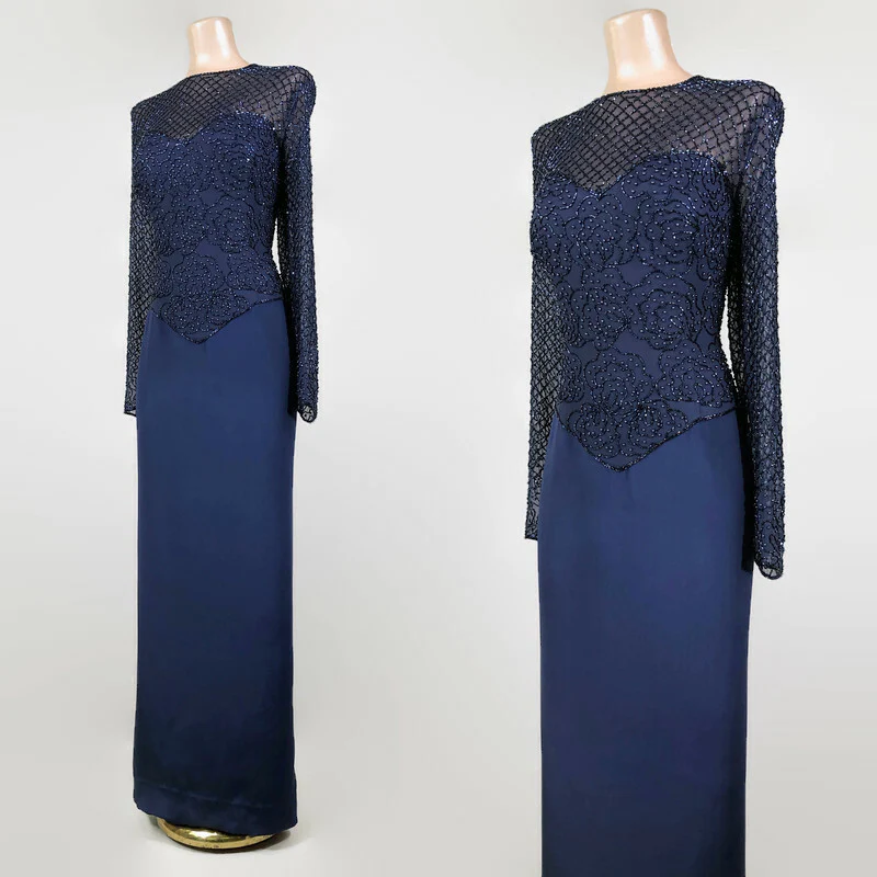 90s Vintage Navy Blue Silk Beaded Evening Gown By Alyce Designs - Image 6