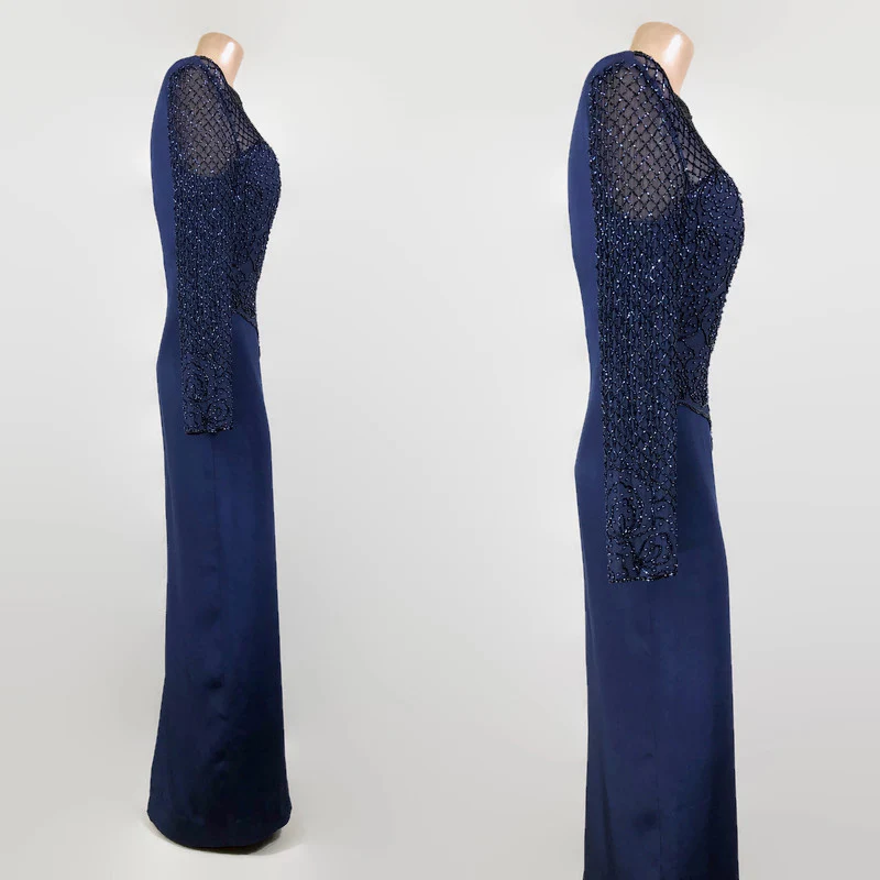 90s Vintage Navy Blue Silk Beaded Evening Gown By Alyce Designs - Image 7