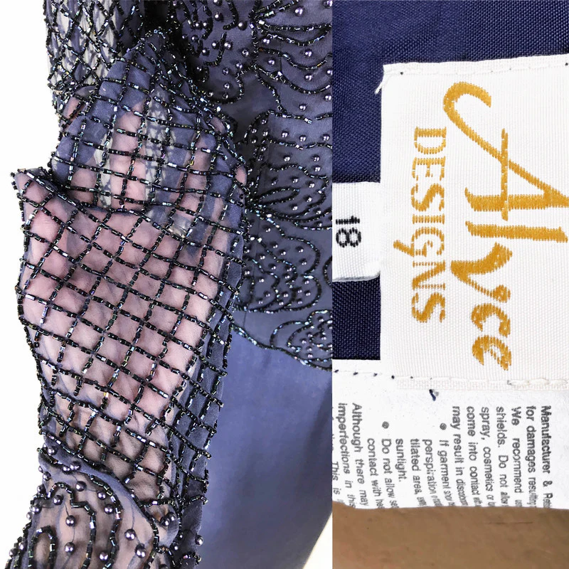 90s Vintage Navy Blue Silk Beaded Evening Gown By Alyce Designs - Image 8