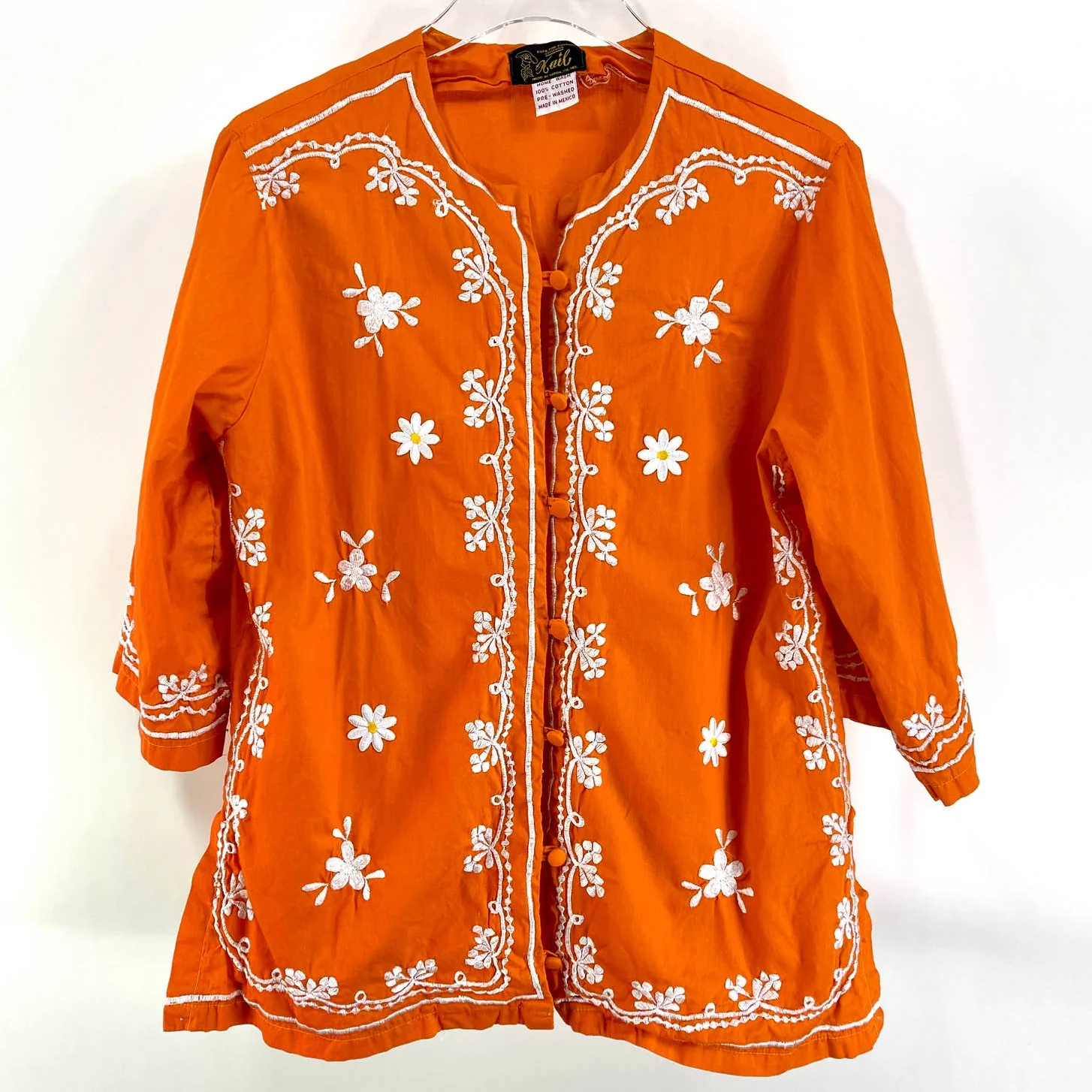 90s Vintage Orange Cotton Floral Embroidered Button Up Blouse by Kail - Image 7