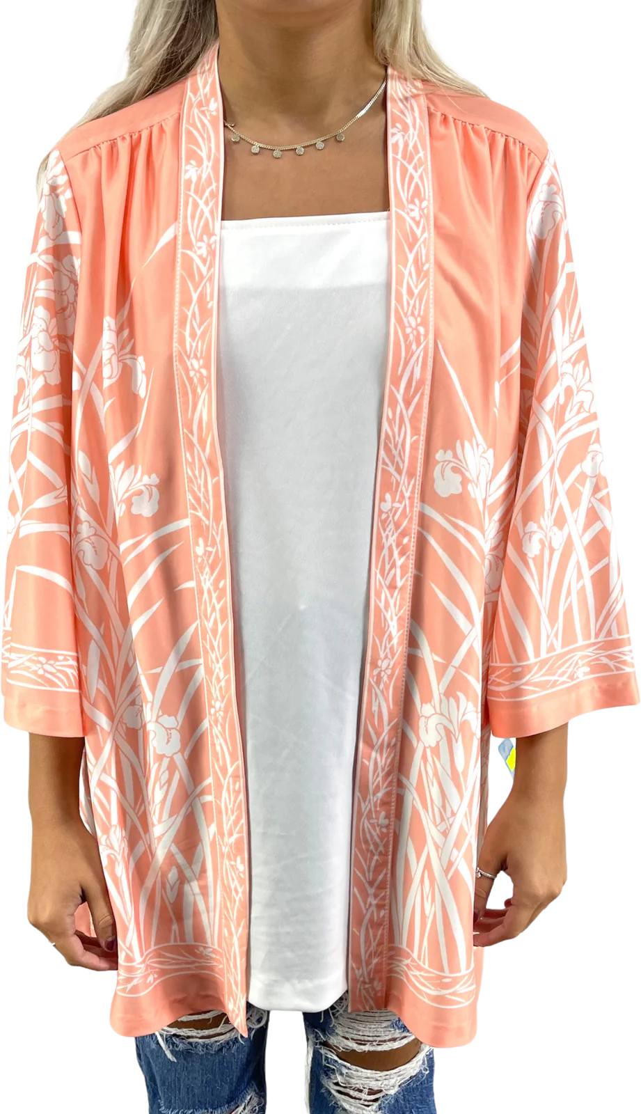 90s Vintage Orange White Floral Open Front Half Sleeve Robe by Top Notch