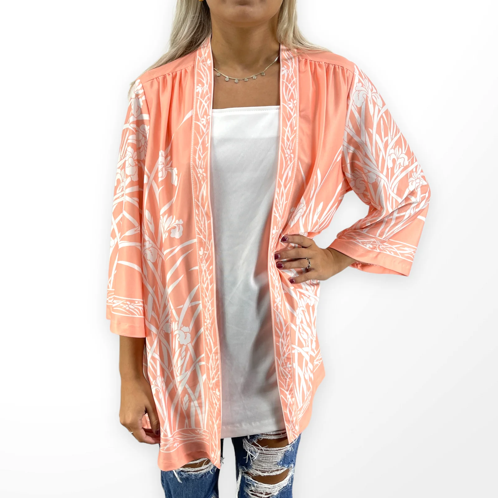 90s Vintage Orange White Floral Open Front Half Sleeve Robe by Top Notch - Image 3