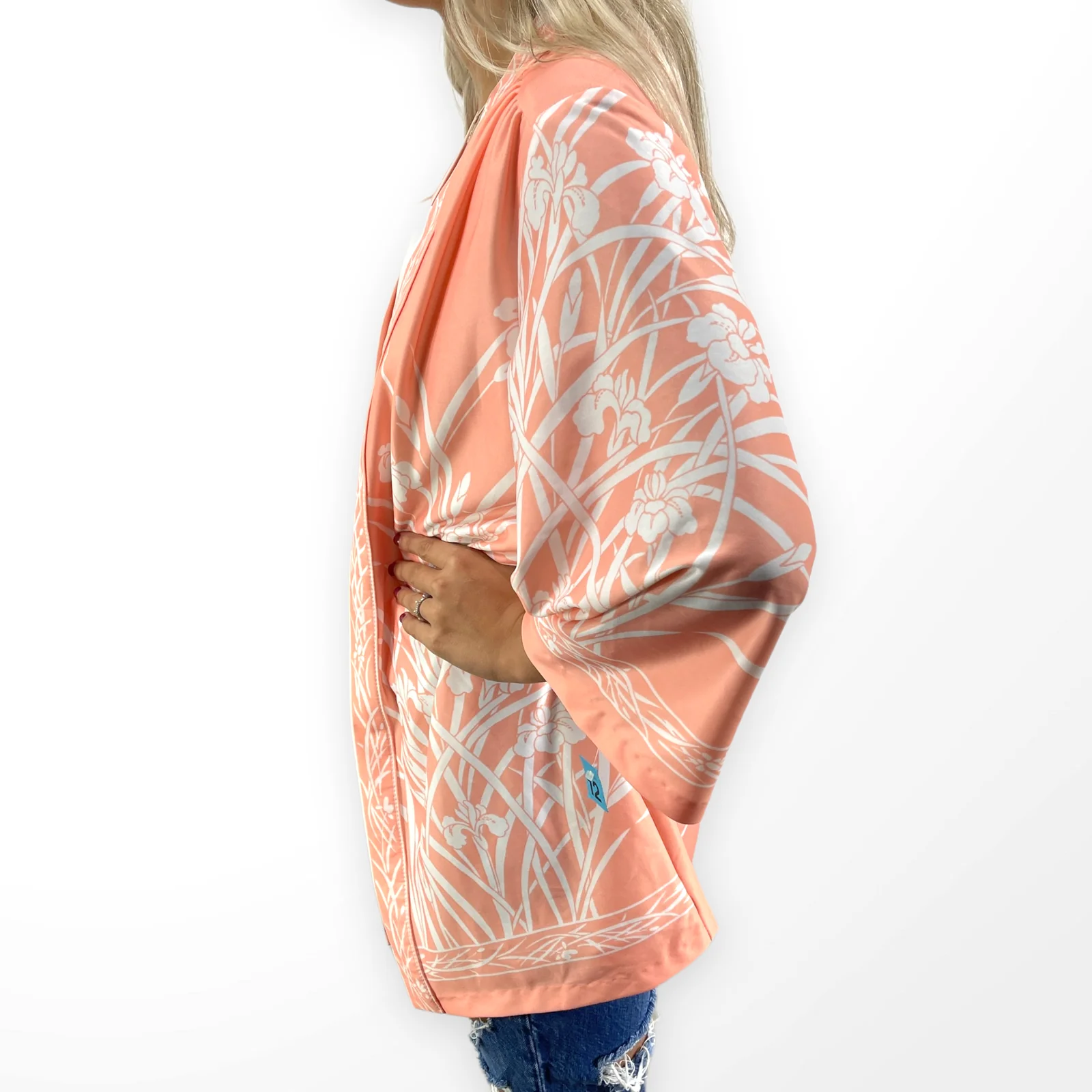 90s Vintage Orange White Floral Open Front Half Sleeve Robe by Top Notch - Image 4