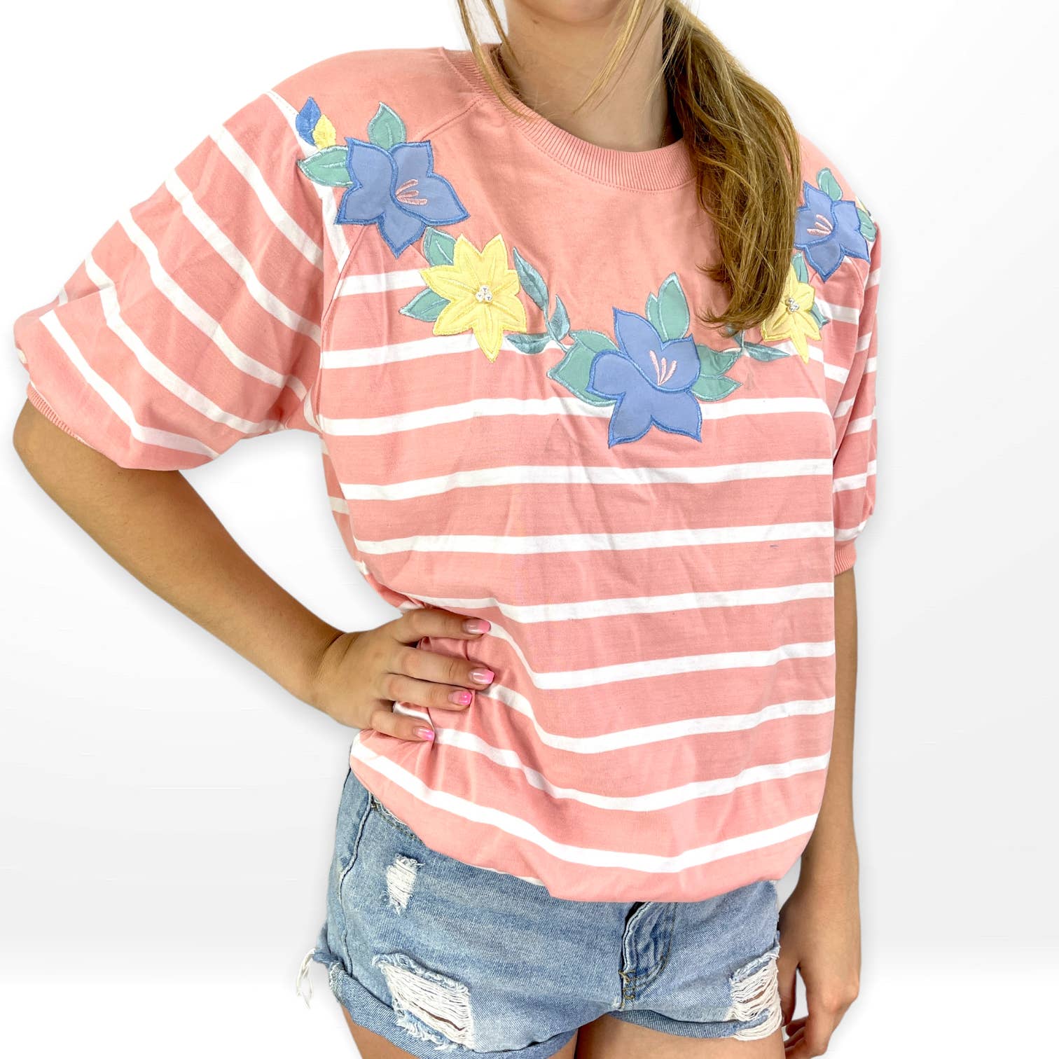 90s Vintage Pink White Striped Floral Embroidered Tee by Alfred Dunner - Image 8