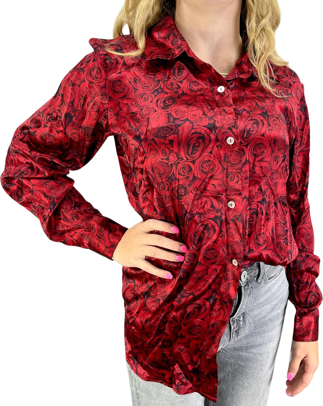 90s Vintage Red Black Silk Rose Print Button Up by Kasper ASL