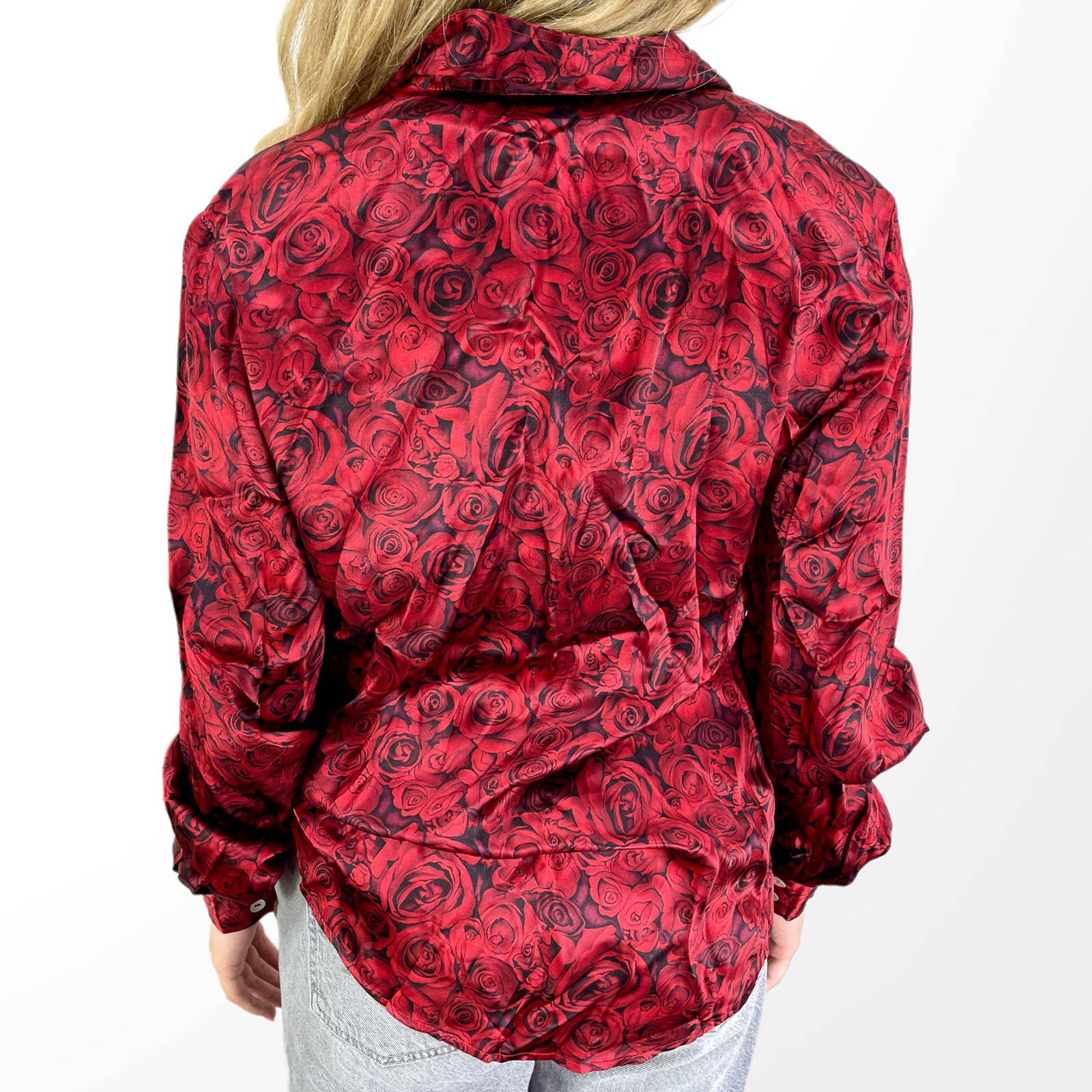 90s Vintage Red Black Silk Rose Print Button Up by Kasper ASL - Image 2
